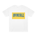 Invincible Graphic Tee — Bold Yellow & Blue Motivational Shirt