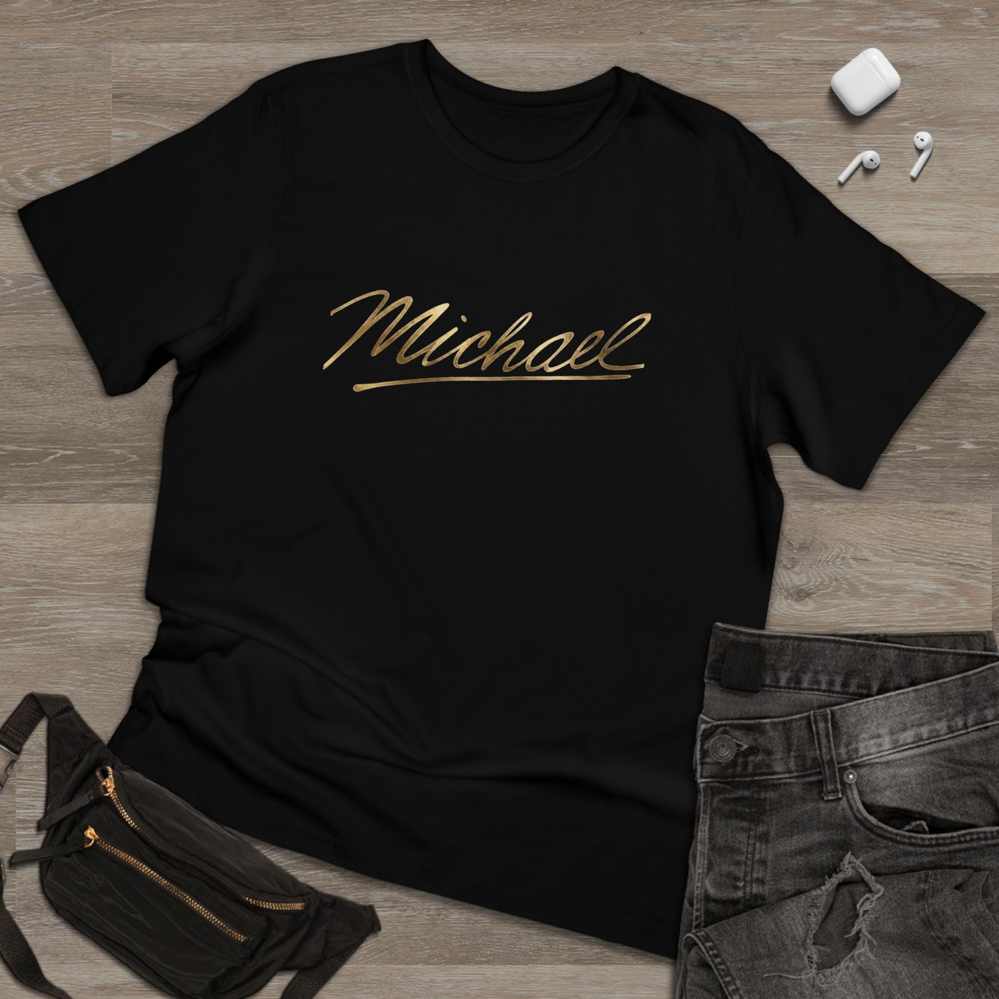 Michael Tribute T-Shirt — Retro Gold Script & Iconic Pose Tee